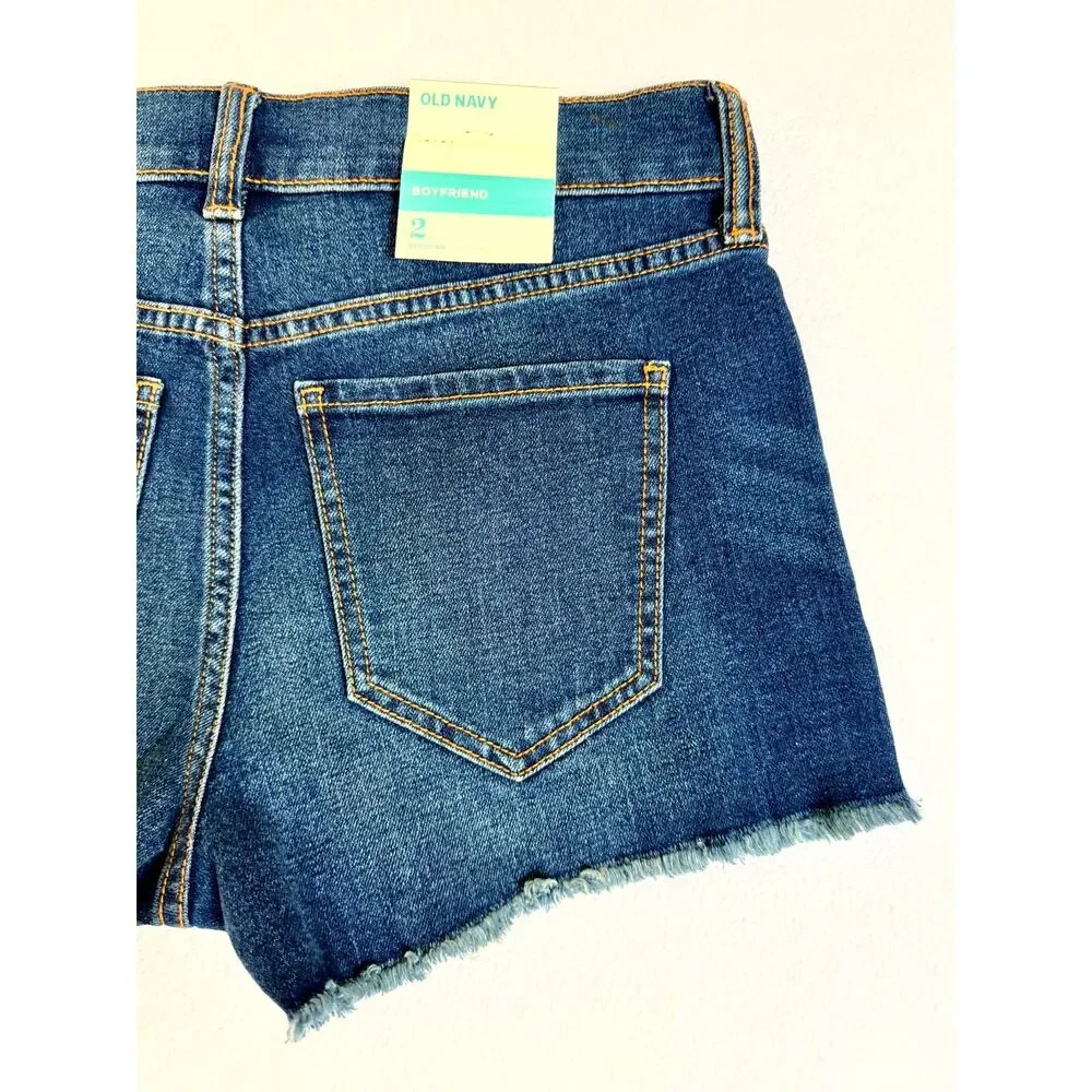 Old Navy Boyfriend Denim Shorts Women Size 2‎ Dark Wash Raw Hem Stretch NWT